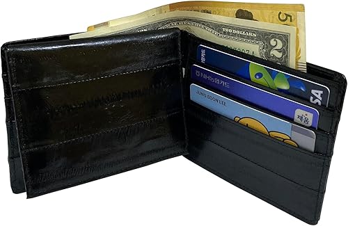 Miniatura 4 de Genuina Anguila Piel Cuero Bifold Billetera Para Hombres Tarjeta de Crédito Billetera 1 ID Ventana, Negro -, Billetera plegable