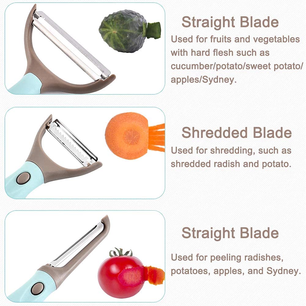 Julienne Gemüseschäler, Y-Form, Kohl, Karotten & Kartoffelschäler, multifunktionaler Gemüse- und Obstschäler, 3-teiliges Set (blau)