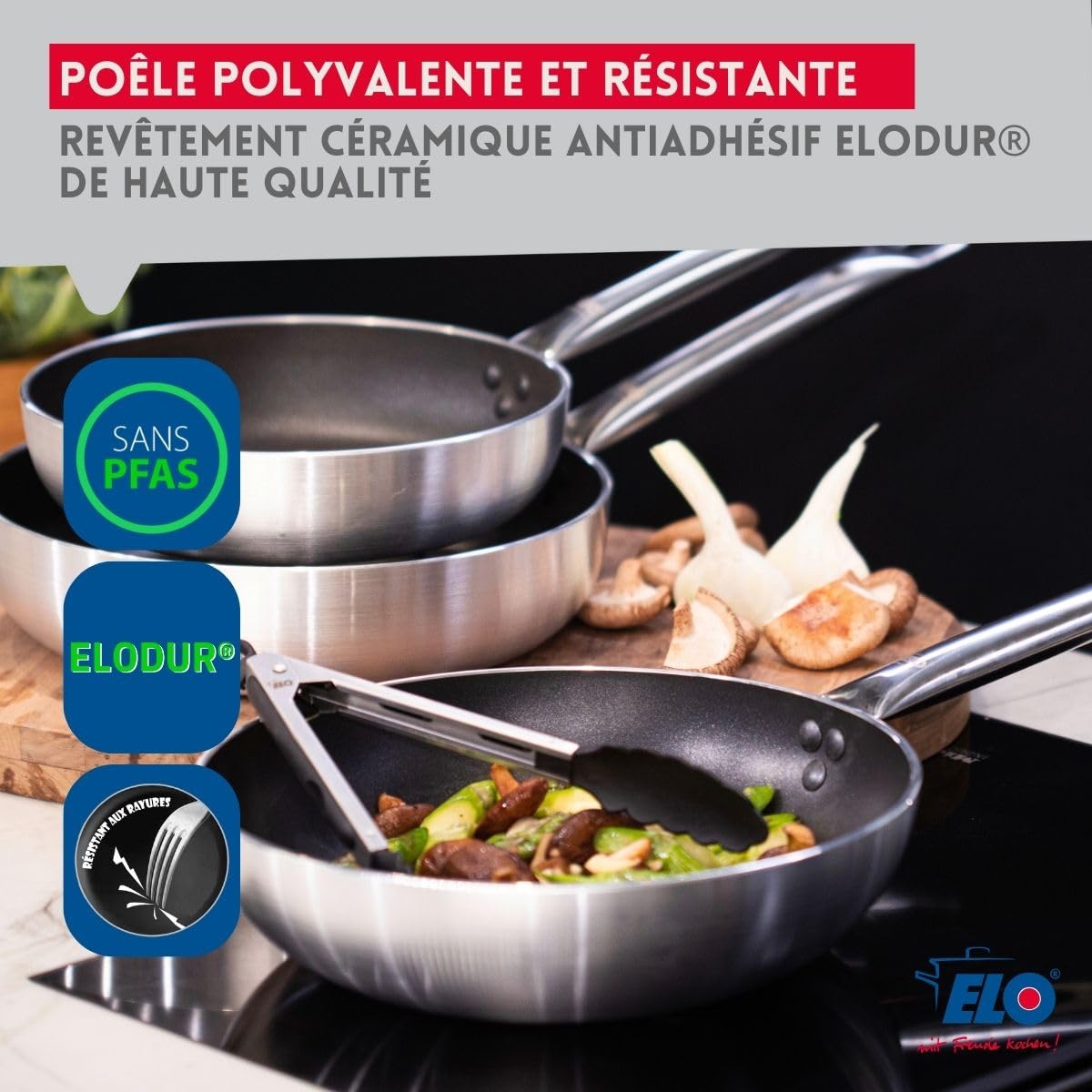 Elo Batterie cuisine poêle 28 cm et 4 faitouts 12/14/16/20 cm | Lot complet pour équiper la cuisine, Poêle 28 cm et 4 faitouts, Cuisson sur tous feux, Inox et aluminium, Passe au four