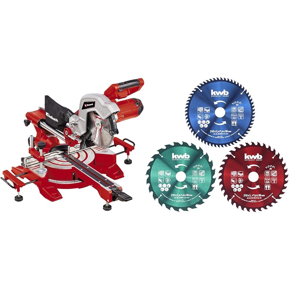 Einhell Tc-Sm 216 Piła Ukośna, Czerwony/Czarny, 216 mm & kwb Zestaw brzeszczot tarczowych 210 x 30/20/16 mm do pił tarczowych lub stołowych, do płyt i materiałów budowlanych