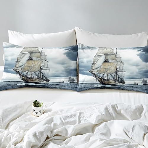Miniatura 5 de Erosebridal Juego de funda de edredón náutica, tamaño Queen, diseño retro de velero, para niños, adolescentes, niños, funda de edredón con temática
