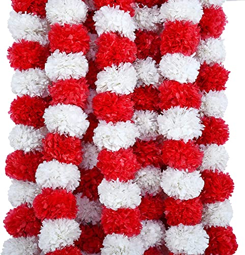 The Art Box Artificial Marigold Garland Pack Of 5 Pcs - 5 Feet Each, Red And White Valentine Decorations Wedding Fake Flowers Strands Fall Hanging Garland Christmas Party Indian Pooja Diwali Decor #TOP5
