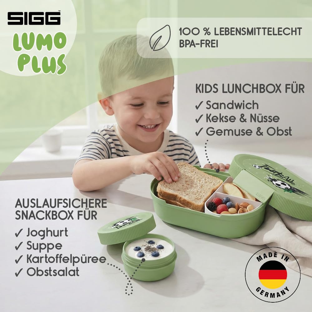 SIGG Lumo Football Splash - Fiambrera con lata extra para niños, 2 en 1, sin BPA, color verde, 0,8 L