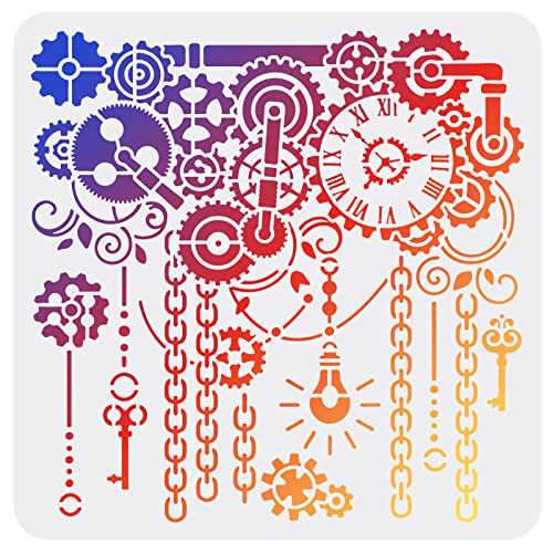FINGERINSPIRE Gear Stencils 30x30cm Clock Painting Stencil Plastic Clock & Key & Gear Patterns Stencil Steampunk Stencils Reusable DIY Art and Craft Template for Painting on Wood Fabric Walls