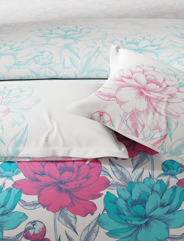 Image of United Colors of Benetton Rainbow Floral Cotton Queen Bedsheet with 2 Pillow Covers | 144 TC | Soft, Skin-Friendly & Breathable Bed Linen | Queen Size Bedding Set