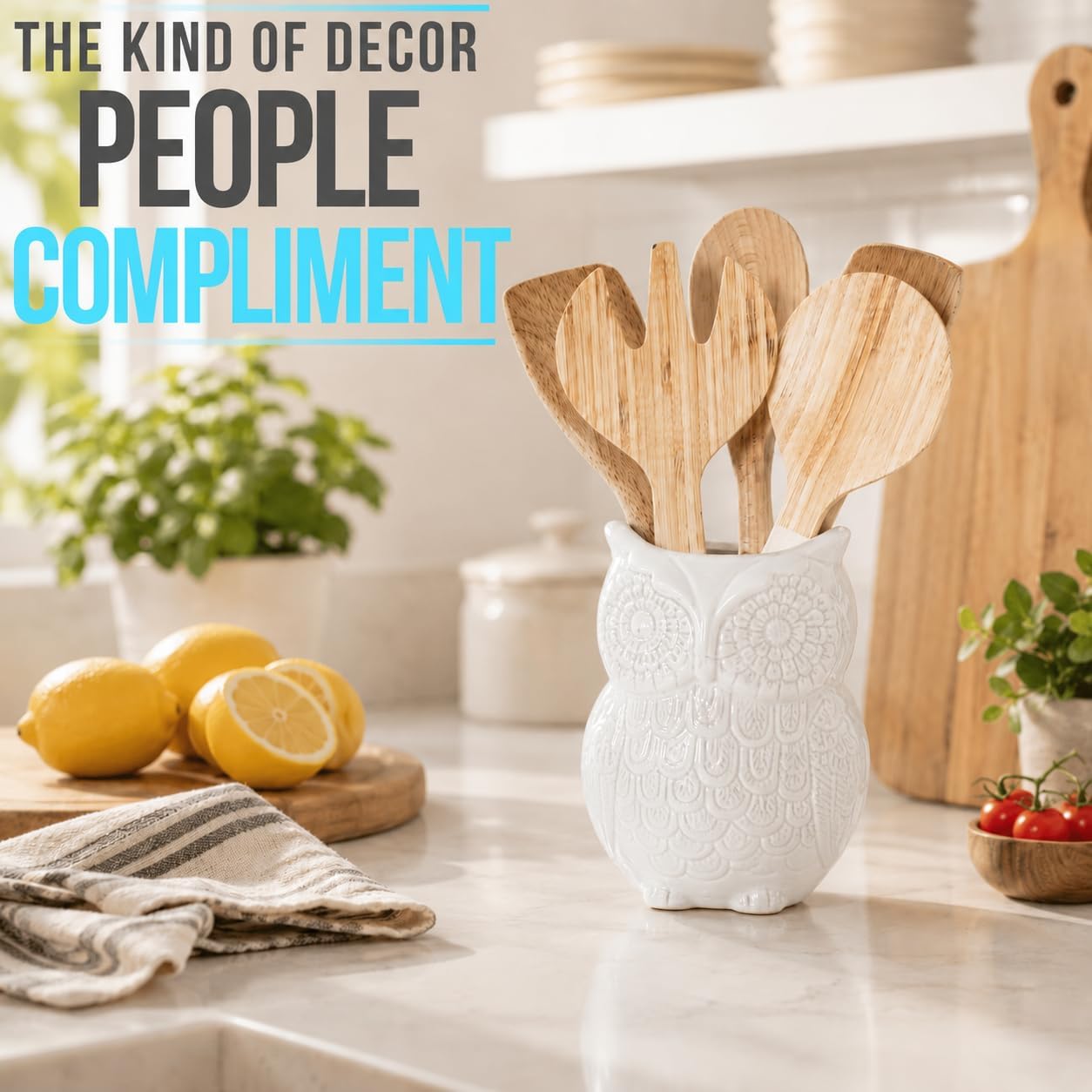 Comfify White Owl Utensil Holder – Decorative Ceramic Kitchen Crock
