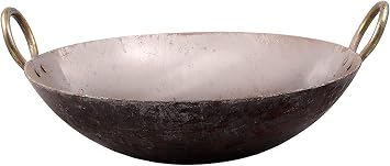 Traditional Iron Fry Kadhai/Pan, Handmade Loha/Lokhand/Lokhandi Kitchen Kadai Fry Pan for Cooking with Golden Rings, 12 INCH/ 31 cm