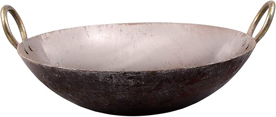 Traditional Iron Fry Kadhai/Pan, Handmade Loha/Lokhand/Lokhandi Kitchen Kadai Fry Pan for Cooking with Golden Rings, 12 INCH/ 31 cm