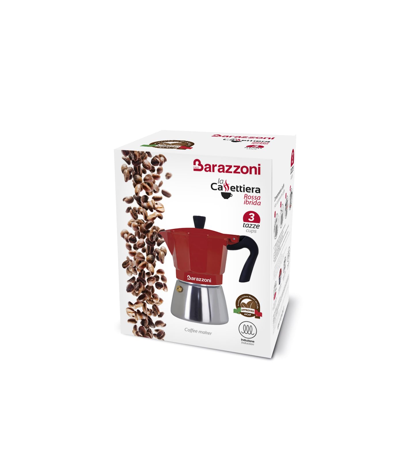 BARAZZONI, Caffettiera, Alluminio e Acciaio, Modello Hybrid Rossa, 3 Tazze, Sicura, Solida, Elegante, Manico e Pomolo anti-Scottatura, Non Rovina i Piani ad Induzione, Accademia Maestri del Caffè