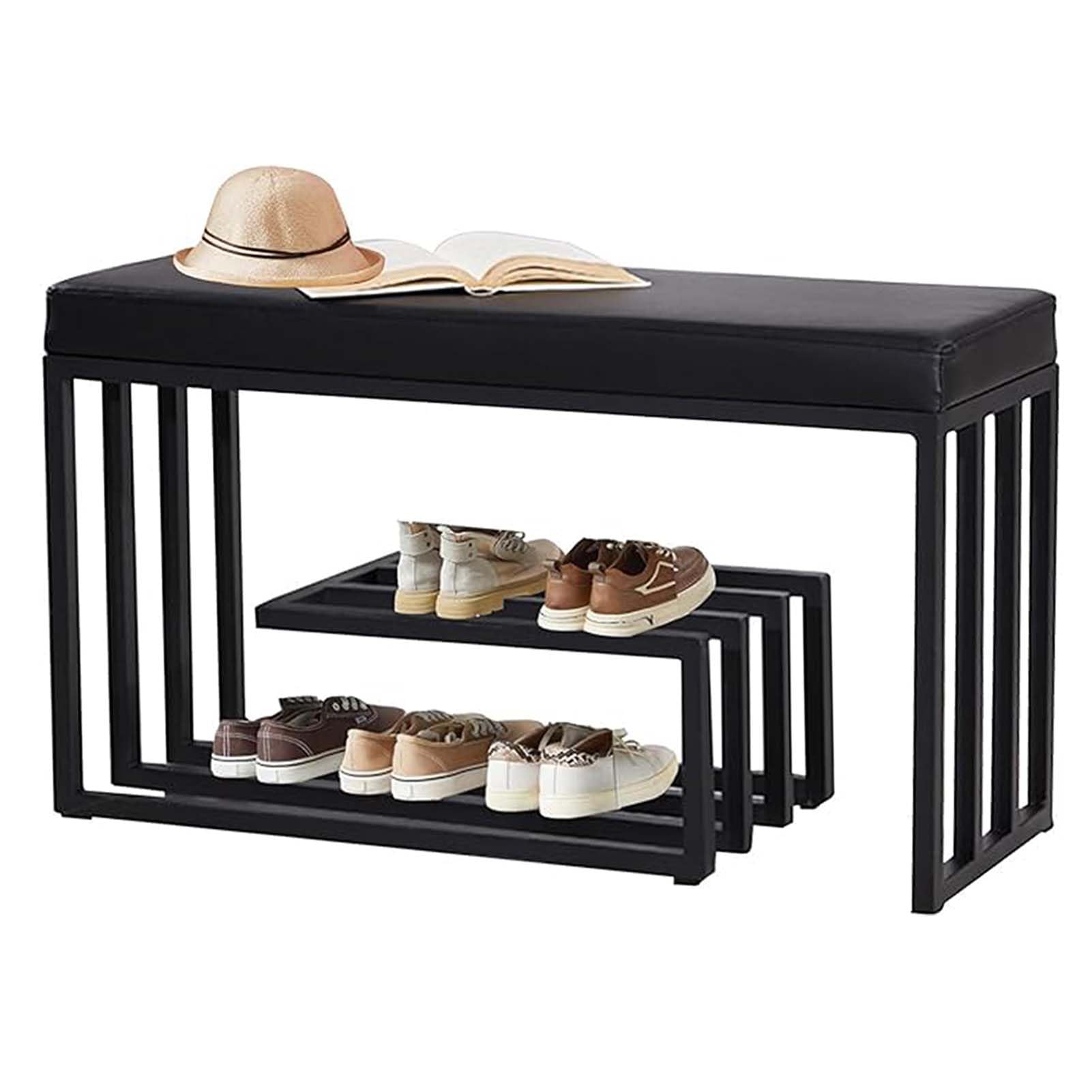Banc de rangement chaussure 80cm rembourré en cuir PU noir et métal