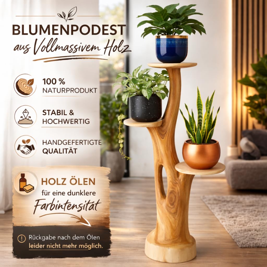 Blumenständer Blumentreppe Blumenpodest Blumenhocker Pflanzen Blumen Treppe Holz Massivholz Suar mit 3 Ablagen Höhe 95cm Pflanzenetagere Pflanzenständer