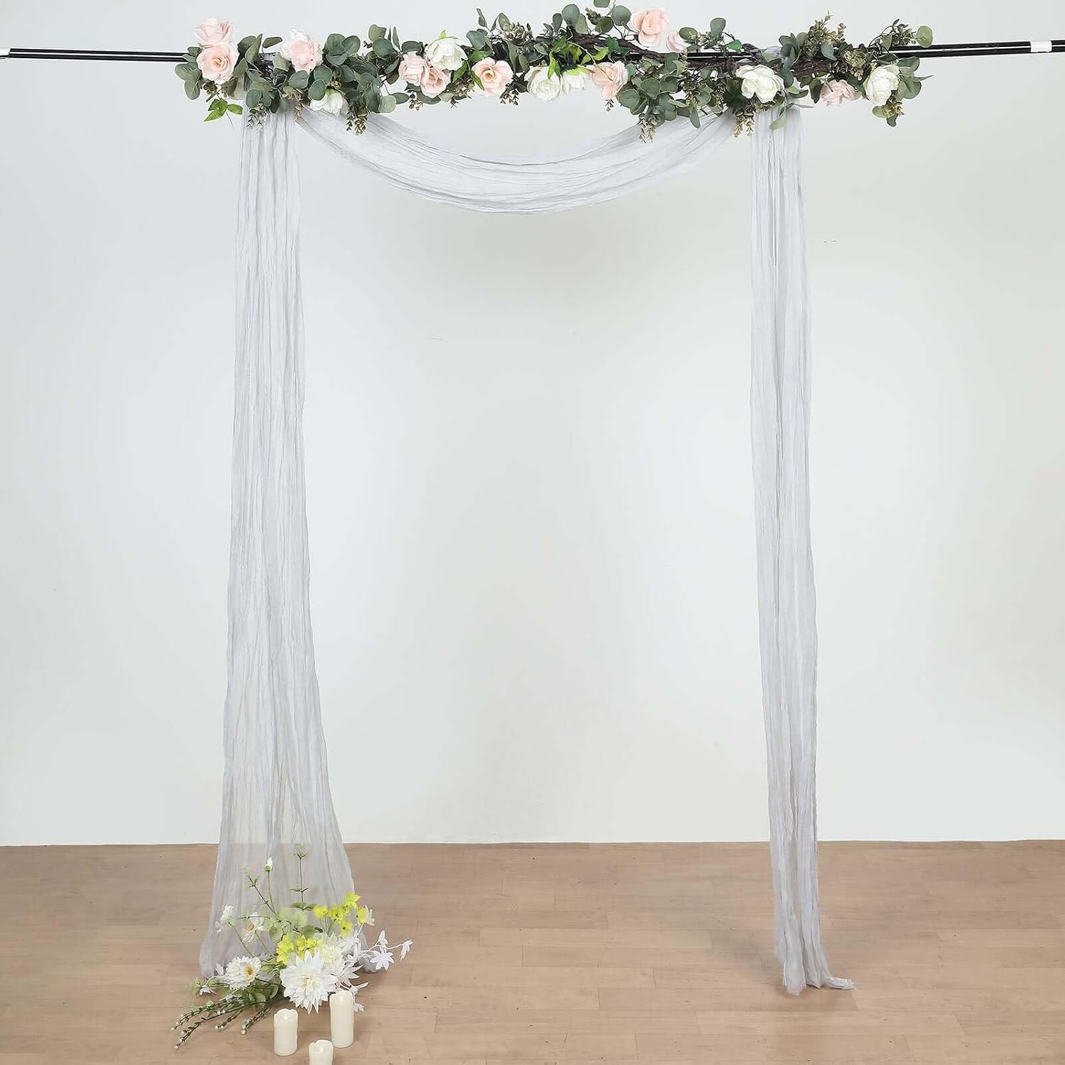 Efavormart 20ft Silver Gauze Cheesecloth Wedding Arch Drapery Fabric, Extra Long Shimmering Scarf Valance for Modern Backdrop and Festive Party Decor