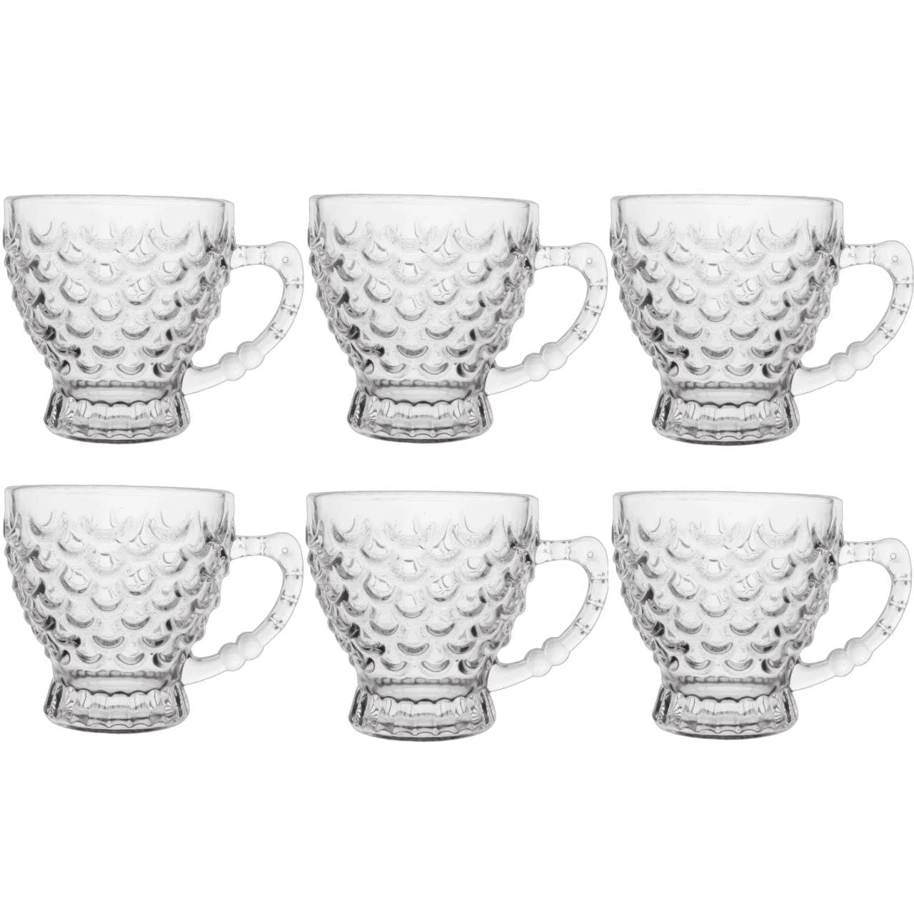 PATRANI FASHION Crystal Fish Bubble Shape Round Tea Cup 210 ML Set of 6 Glass Transparent Coffee Mugs with Handle, Clear Glass Tea Cups Set for Tea-Coffee, Milk, Hot & Cold Beverage Design Tea Cup