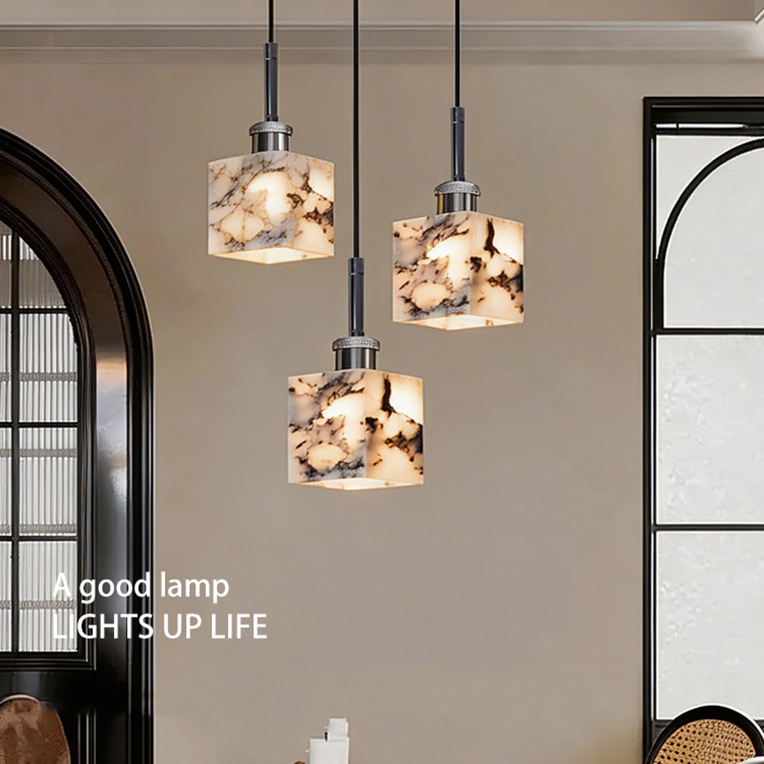 Lampa Wisząca Z Naturalnego Marmuru Kwadratowy Żyrandol Sufitowy 3,9 Cala Unikalna Tekstura Kamienia Ręcznie Polerowana Podstawa E27 Wiatr Wabi-Sabi W Stylu Hiszpańskim Do Korytarza,