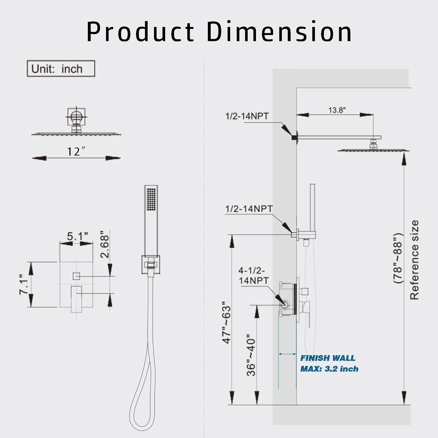 Alesco Shower Faucet Set, Black Shower System with 12-Inch High-Pressure Rainfall Showerheads and Handheld Spray combo, Showerfixture Include Valve and Trim Kit, Matte Black