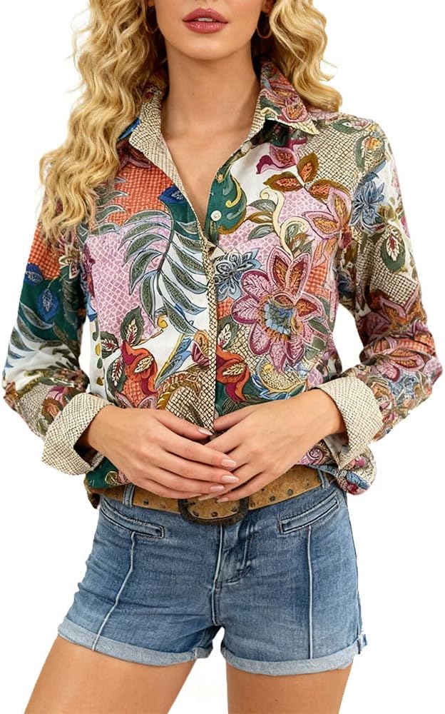 Women's Floral Blouses Dressy Casual V Neck Button Down Shirts Long Sleeve Boho Tops 2025 - Image 3