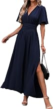 Women's Long Dress V Neck Elegant Short Sleeve Summer High Waist Pleated Elastic Casual Slit Maxi Dresses