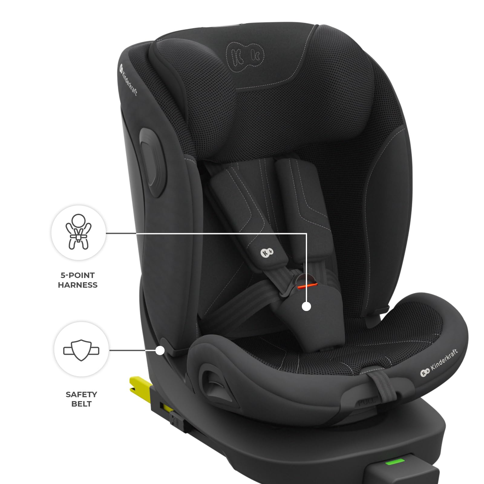 Kinderkraft I-360 2 PRO, fotelik samochodowy i-Size 40–150 cm, obracany 360°, ISOFIX, tyłem i przodem, H-GUARD+, SPS+, EASY SPIN PRO, EASY GROW, od narodzin do 12 lat, Czarny