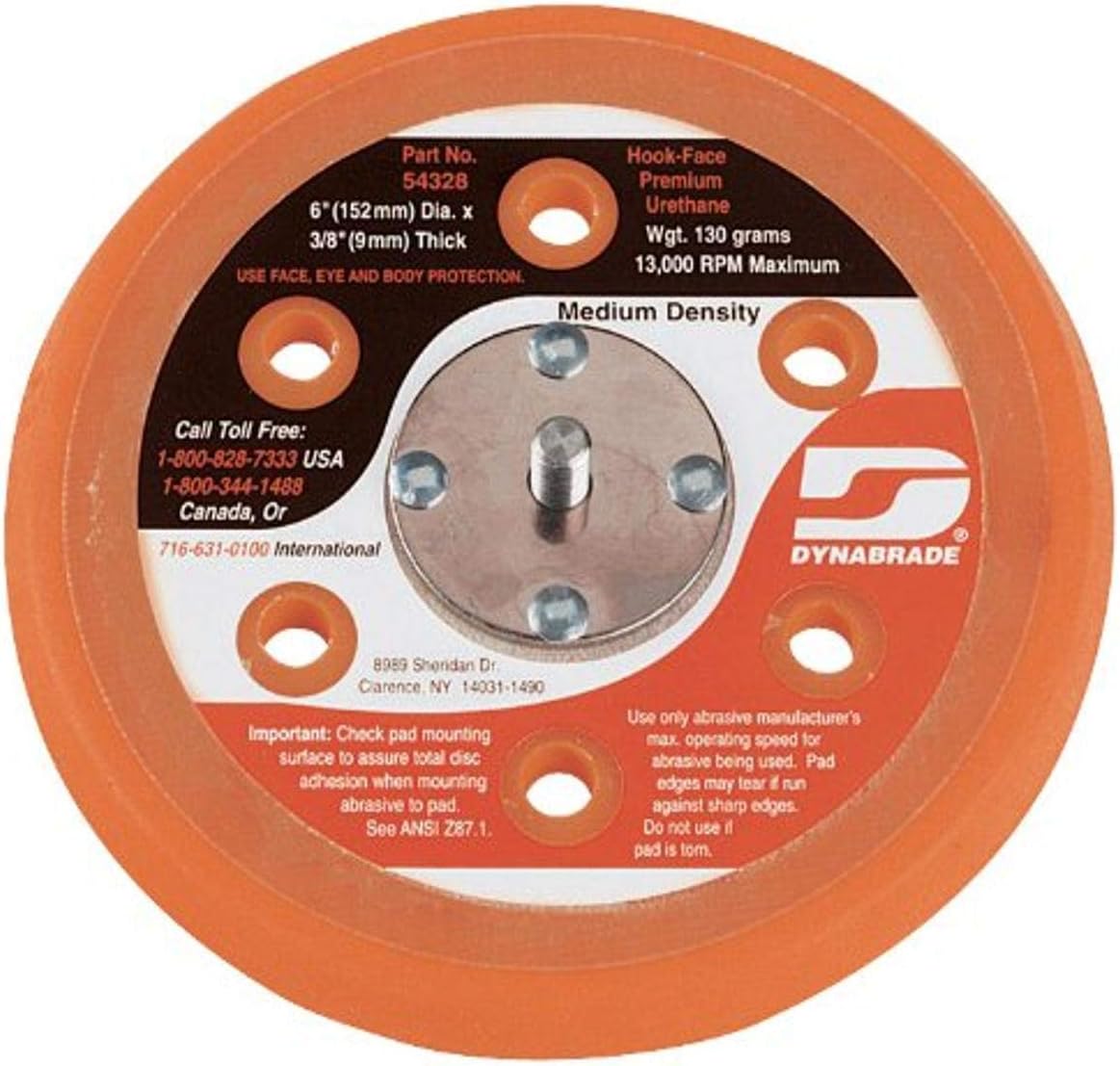 Dynabrade (54328) 6" (152 mm) Diameter Hook-Face Vacuum Sanding Disc Pad, Short Nap, Orange | 3/8" (10 mm) Thick Urethane Medium Density, Swirl-Free Finish, 5/16"-24 Male Thread - Sanding Discs - 