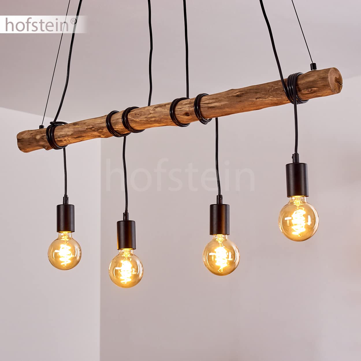 HOFSTEIN Pendelleuchte Tirana, moderne Hängeleuchte aus Metall/Holz in Schwarz/Natur, verstellbare Pendellampe im skandinavischen Design mit Holzstab, Höhe max. 174 cm, 4-flammig, 4 x E27