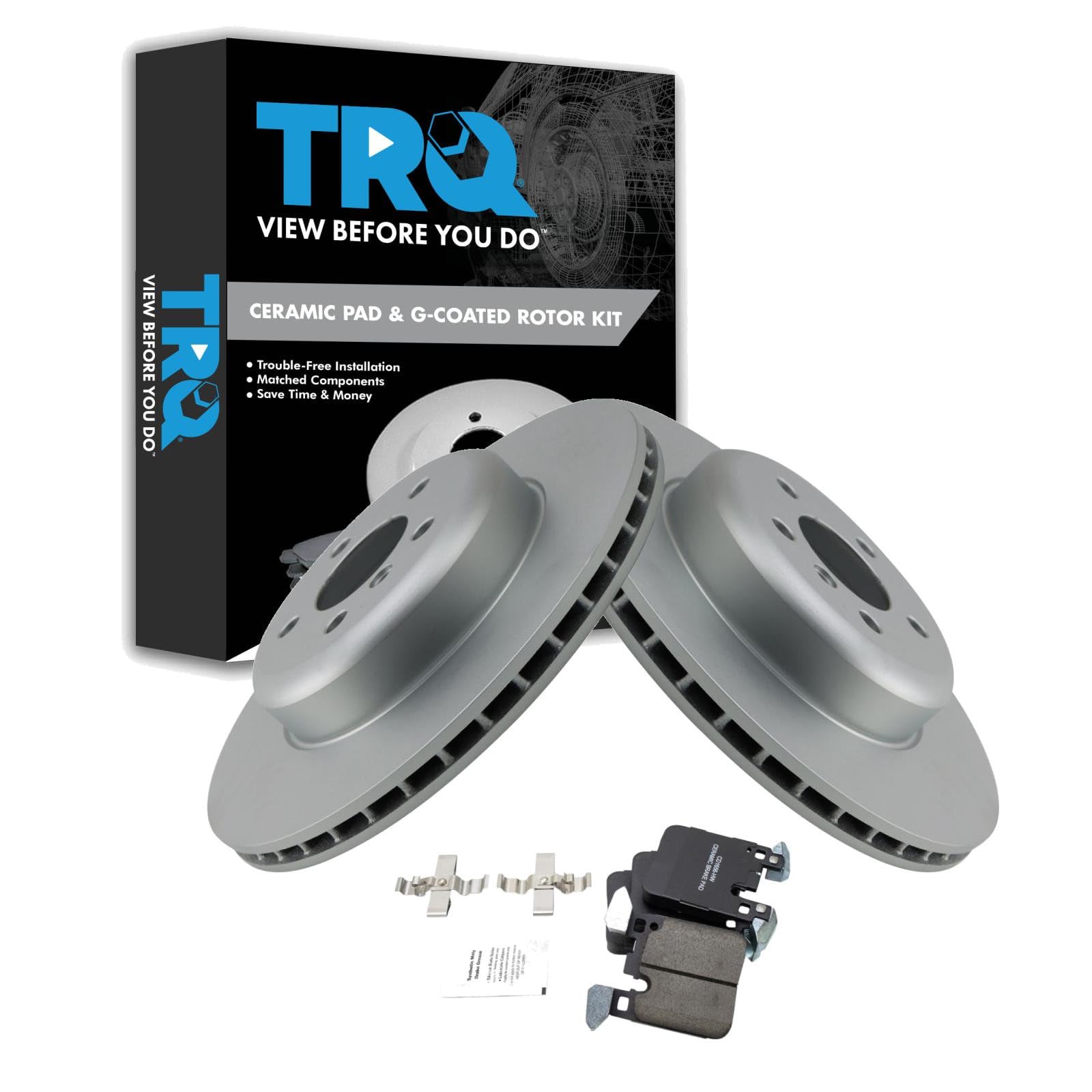 TRQ Rear Brake Pad and Rotor Set Ceramic G Coated Rotors Compatible with 2012-2020 BMW 320i 328i 328d 330i 335i 340i 428i 430i 435i 440i ActiveHybrid 3 Gran Coupe GT xDrive
