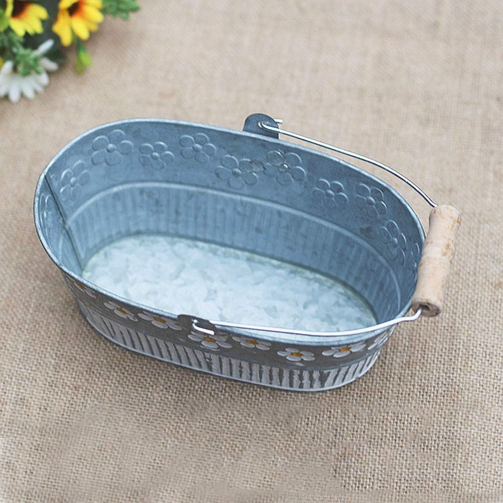 Yardwe Vintage Embossed Metal Bucket Planter with Daisy Pattern Small Oval Galvanized Tin Bucket for Indoor Outdoor Garden Decor 7.5X6.3X3.1 Inch