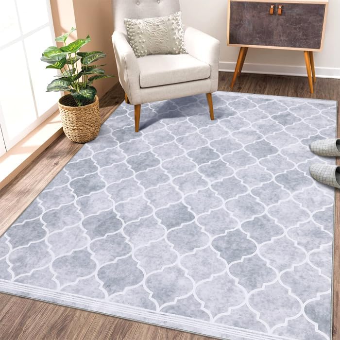 COZYLOOM Large Area Rug 9x12 Moroccan Area Rug Washable Rug for Bedroom Non-Slip Area Rug Bohemian Farmhouse Throw Rug Low Pile Area Rug for Dining Room Office, Light Grey