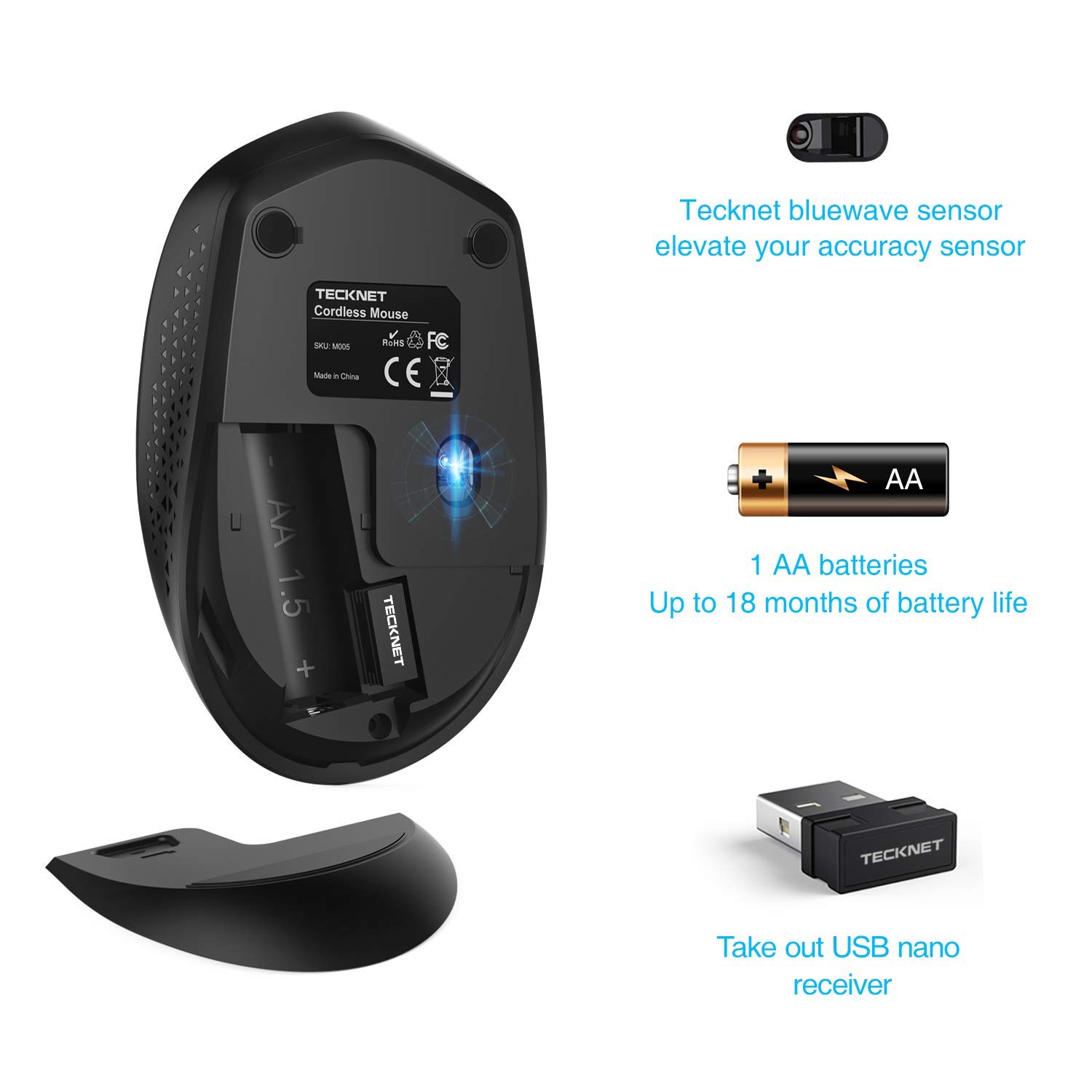 Underside of Tecknet M005 mouse showing battery compartment and USB receiver storage