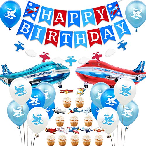 Jollyboom Plane Birthday Decorations Airplane Balloons Cake Toppers Happy Birthday Banner Time Flies Theme Party Supplies Vintage Airplane and Clouds Garland for Boys Girls Kids Birthday Party