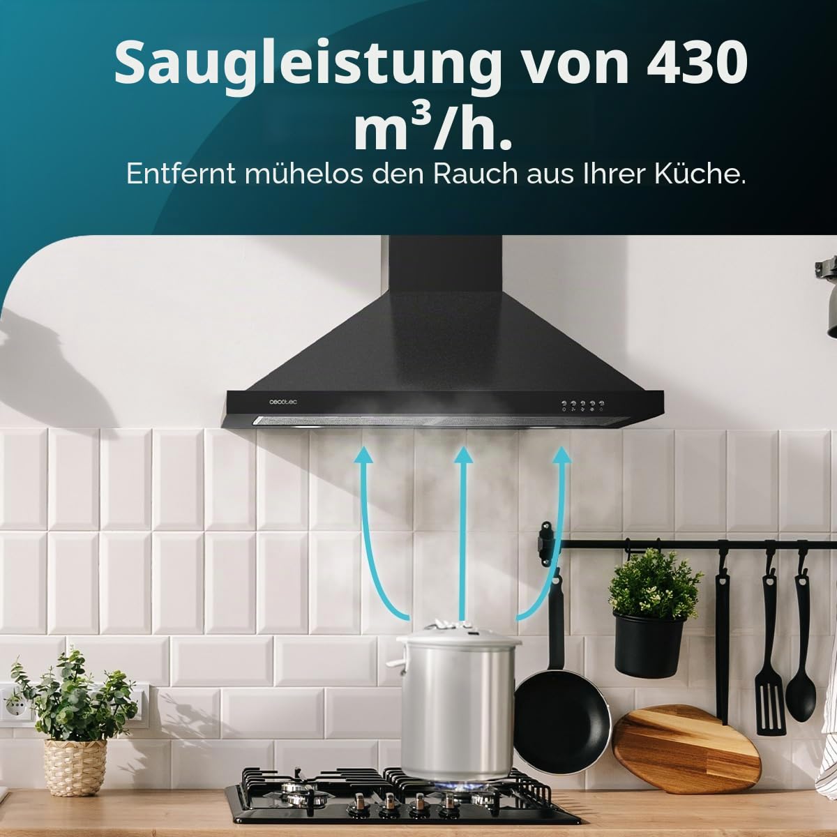 Cecotec Bolero Flux PM 604300 Pyramiden-Dunstabzugshaube, 60 cm, Motor 105 W, Saugleistung 430 m³/h, mechanische Steuerung, 3 Leistungsstufen, Licht, Aluminiumfilter, schwarzes Finish