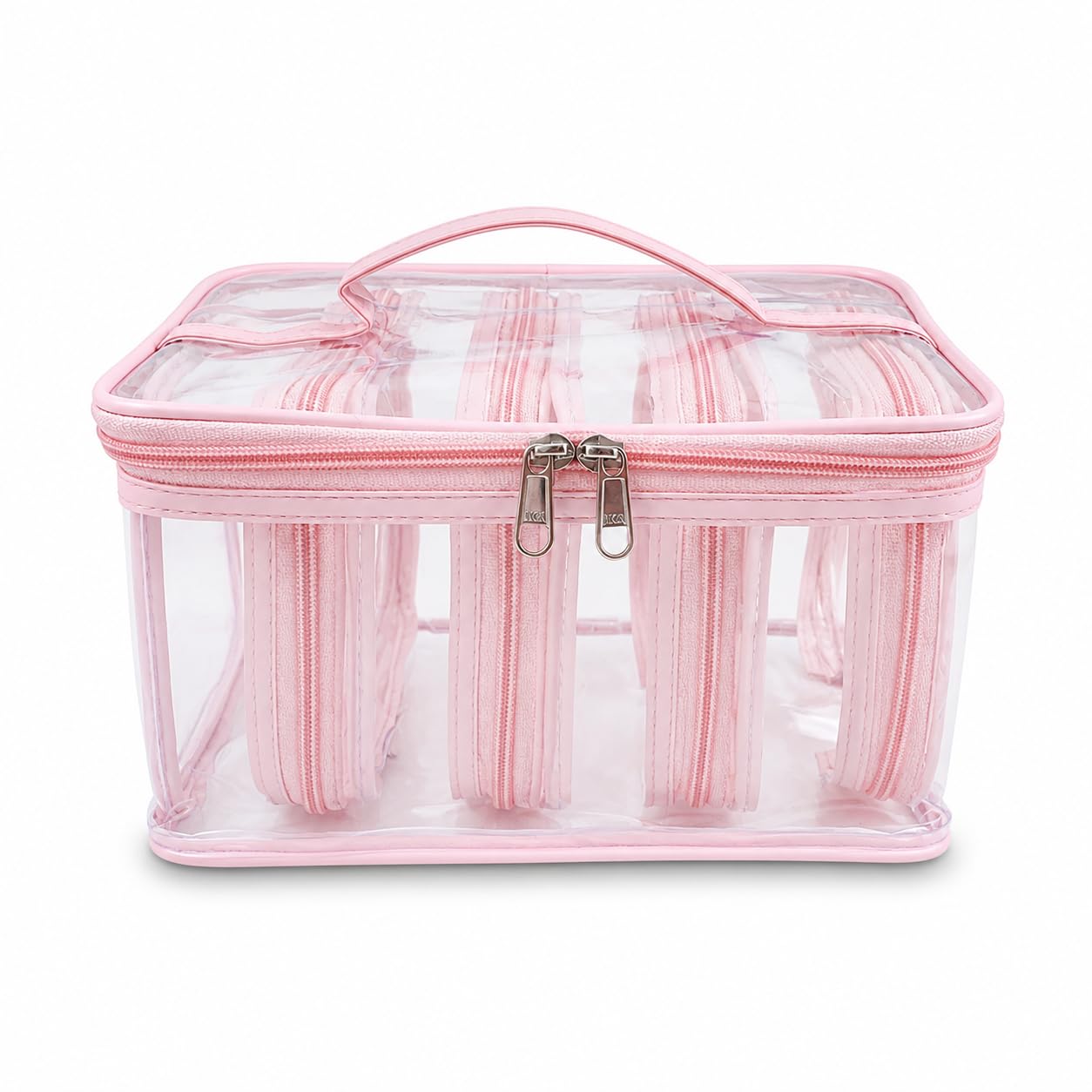 Z Essentials Transparent PVC Makeup Organizer Bag Set of 5 Waterproof Cosmetic Travel Pouch Kit with Handle, Toiletry & Skincare Storage Bag Set (Pink)-image-27