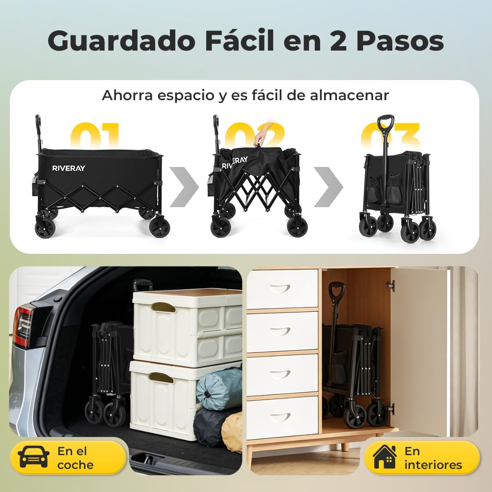 Carro Plegable con Ruedas, Capacidad 120L/120KG, Mango Ajustable y Ruedas Desmontables, Carrito Transporte Todoterreno para Camping, Compra o Jardín