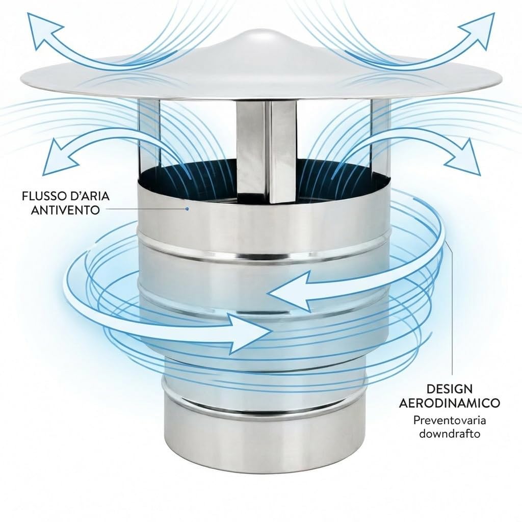 MAKA Comignolo Antivento Base Tonda, Terminale per Canna Fumaria Camino Stufa a Legna Pellet e Gas, Cappello Antipioggia Aspirafumo Rotondo (Ø 400 mm - Zincato)