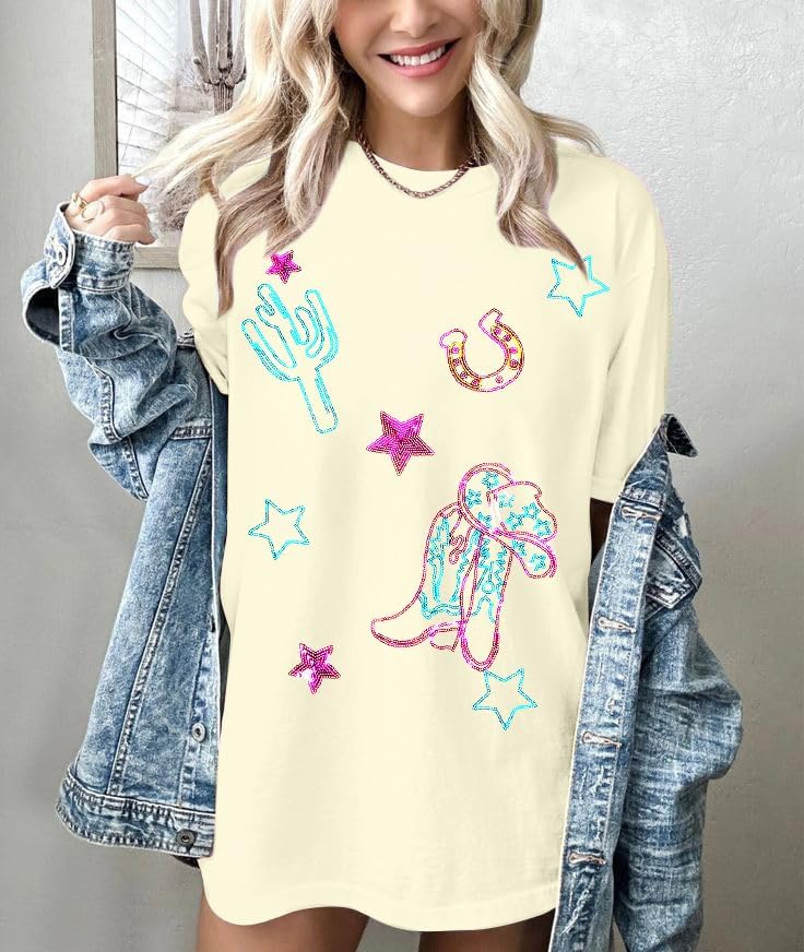 Boho Western Cowgirl Shirts for Women: Sequin Western Rodeo Graphic Tee Oversized Country Music Short Sleeve Top - Image 2