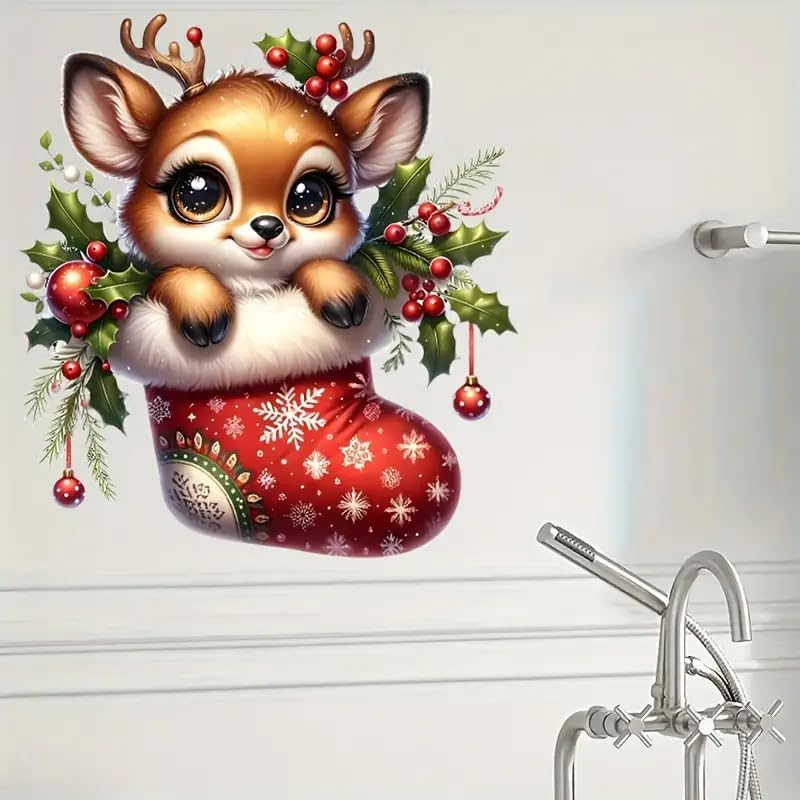 Christmas Deer Sock Toilet Cover Sticker Decals,Fish Bird Flower Leaf Waterproof Toilet Lid Tank Seat Decals Cistern Self-Adhesive Bathroom Wall Sticker