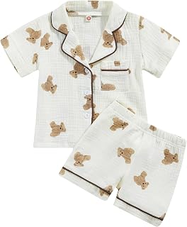 Kids Toddler Girl Boy Two Piece Pajamas Set Button Down Pajama Shirt Top Pants Shorts Bear Sleepwear Pjs Set
