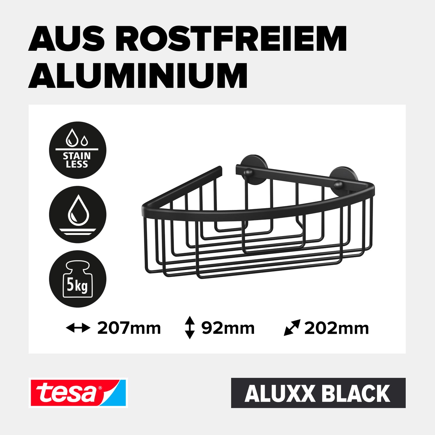 tesa ALUXX BLACK Eck-Duschablage zur Wandmontage ohne Bohren, schwarz matt - einstöckig - für Bäder im Industrial Style und moderne Badezimmer - mit Klebelösung - 192 mm x 92 mm x 200 mm