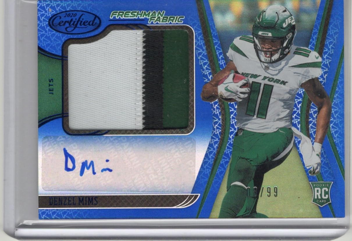 Denzel Mims Autographed & Serial Numbered #08/99 Freshman Fabric Blue Rookie Patch Jersey Relic Memorabilia Collectible Football Card - 2022 Panini Certified Football Card #223 (Jets)