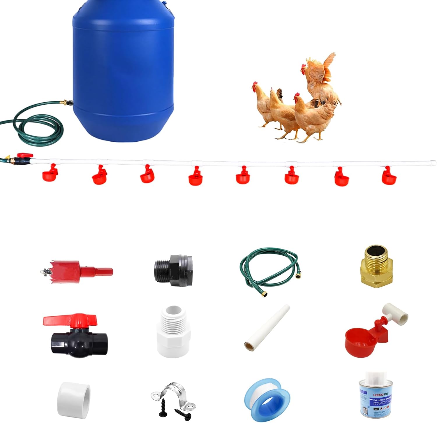 Chicken Coop Accessories – Complete Automatic PVC Pipe Watering System Kit with Hole Opener, Hoses, Valves & Red Drinking Cups for Chickens, Quail, Ducks, Geese & Other Poultry
