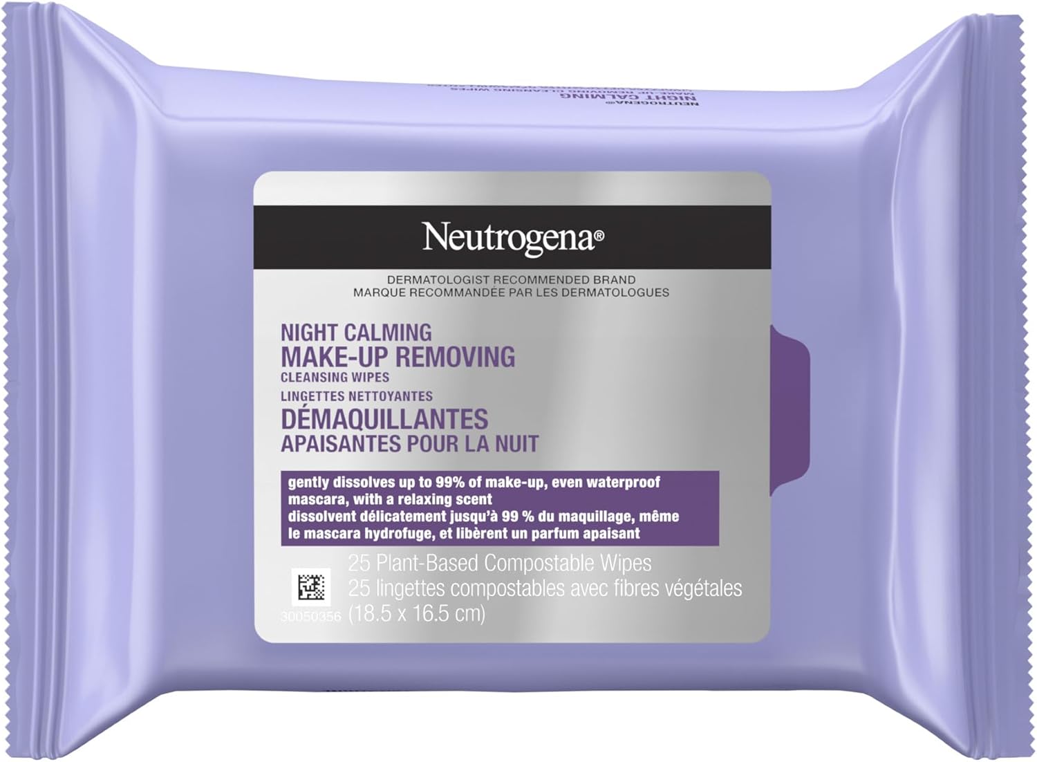 Neutrogena Night Calming Makeup Removing Cleansing Wipes, Nighttime Cleansing Facial Wipes Remove Sweat, Sunscreen, Dirt & Waterproof Makeup & Calming scent, Hypoallergenic, 100% Plant Based Cloth, 25 ct