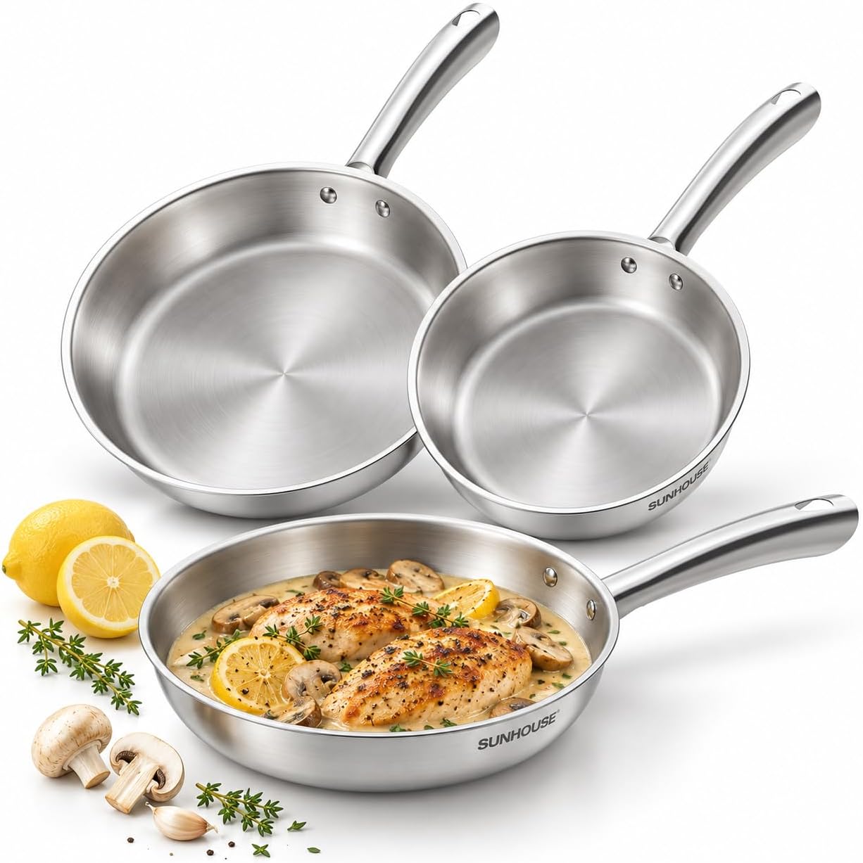 Sunhouse Tri-Ply Stainless Steel Frying Pans Set, 8”/9.5”/10” Cooking Pans