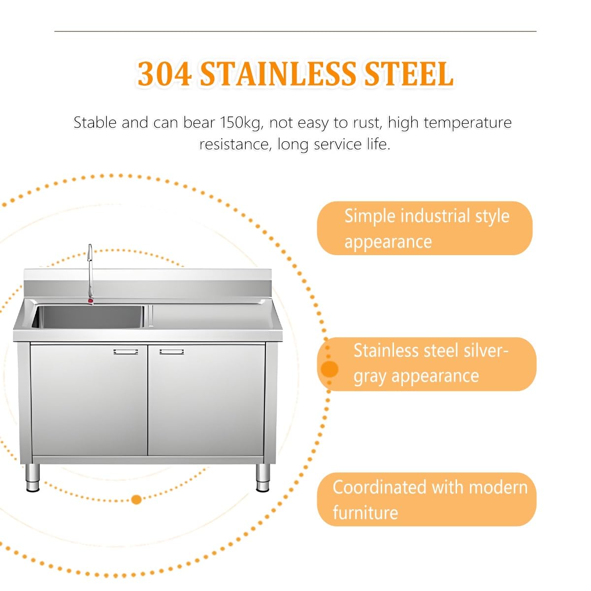 Tavolo Da Lavoro In Acciaio Inox Con Lavandino A Sinistra, Tavolo Da Cucina In Acciaio Inox Con Costola Alta E Rubinetto, Tavolo Da Cucina Gastro, Portata 150 kg Per Ristorante, Hotel, Albergo