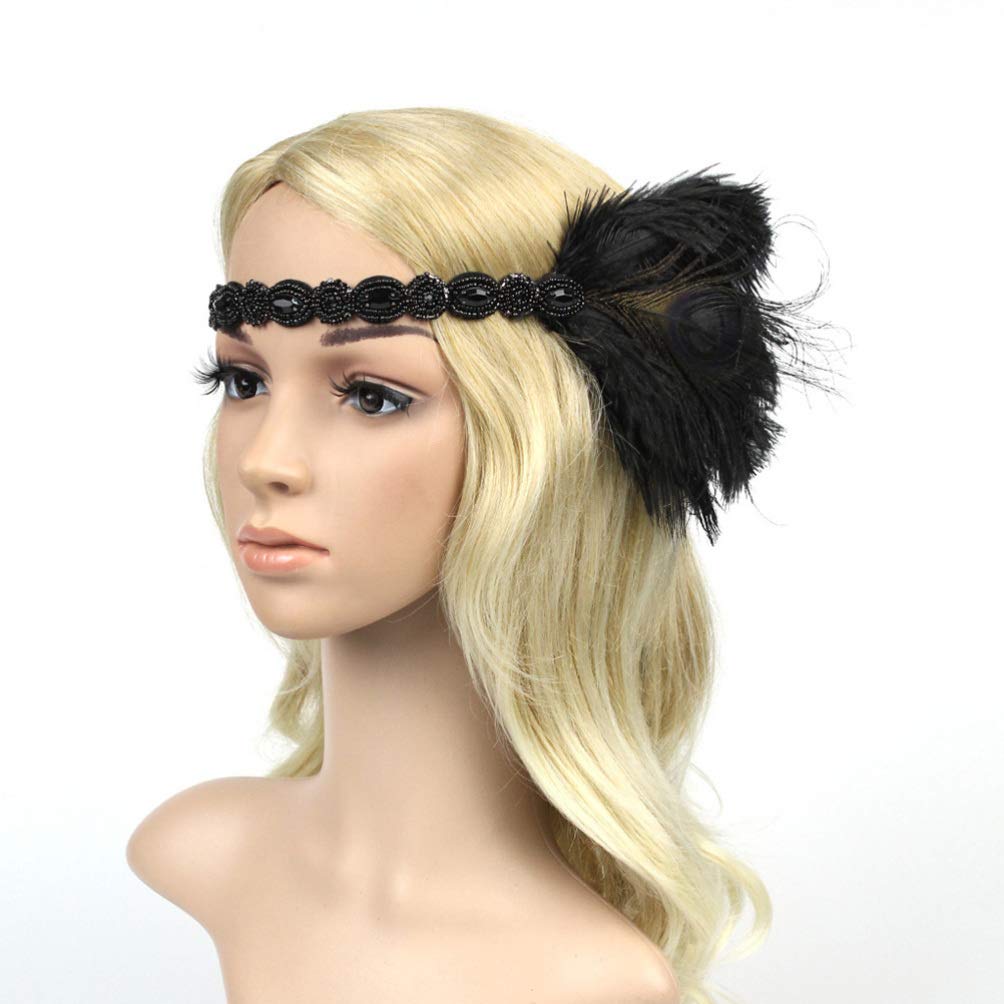minkissyPeacock Feather Headband 1920s Flapper Headband Vintage Flapper Headpiece Peacock Hair Accessories (Black)