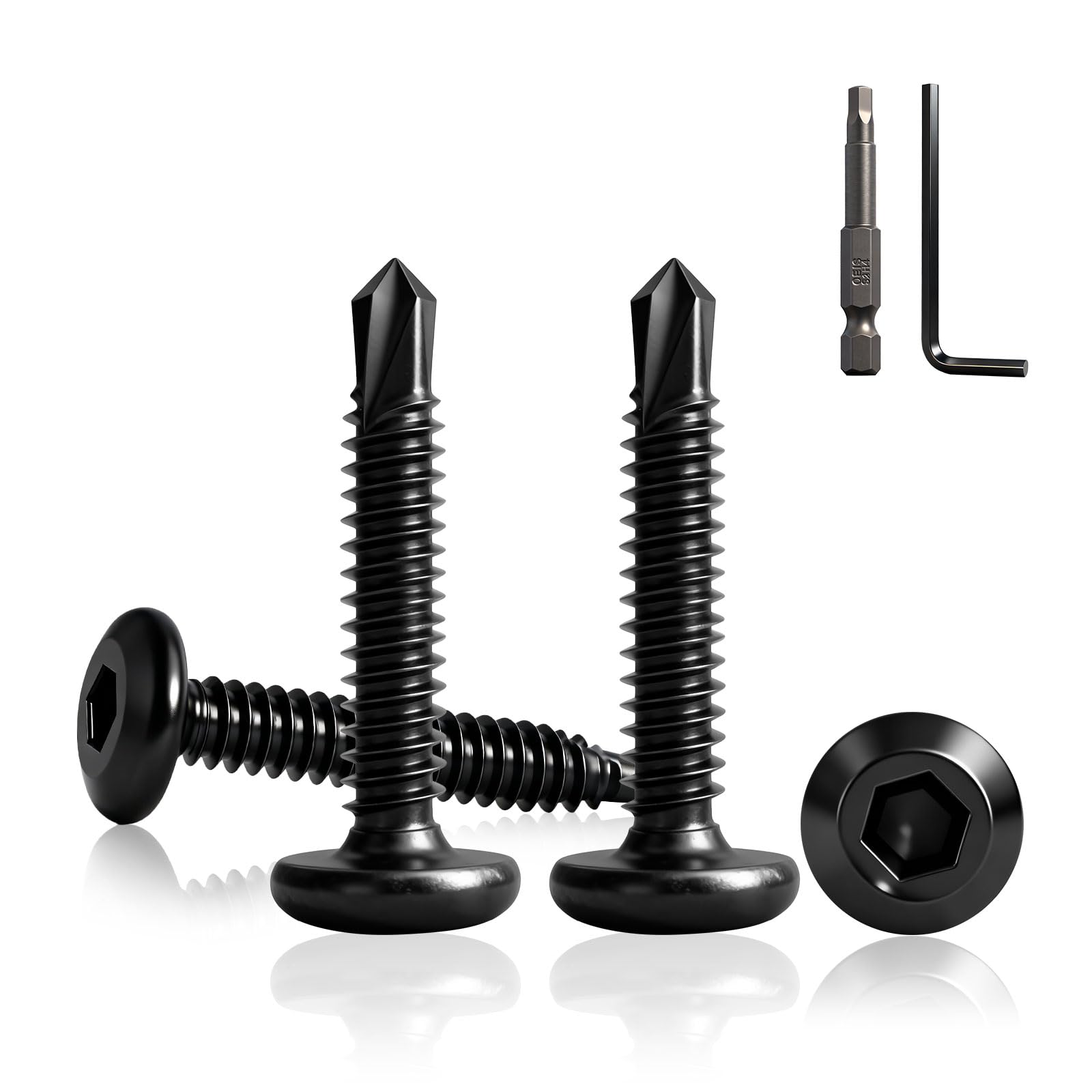 60 Stück Selbstschneidende Schrauben Edelstahl, Schrauben Schwarz M5.5x35mm Blechschrauben Selbstschneidend, Metallschrauben Selbstschneidend mit Innensechskantbohrer Inbusschlüssel für Metall Holz