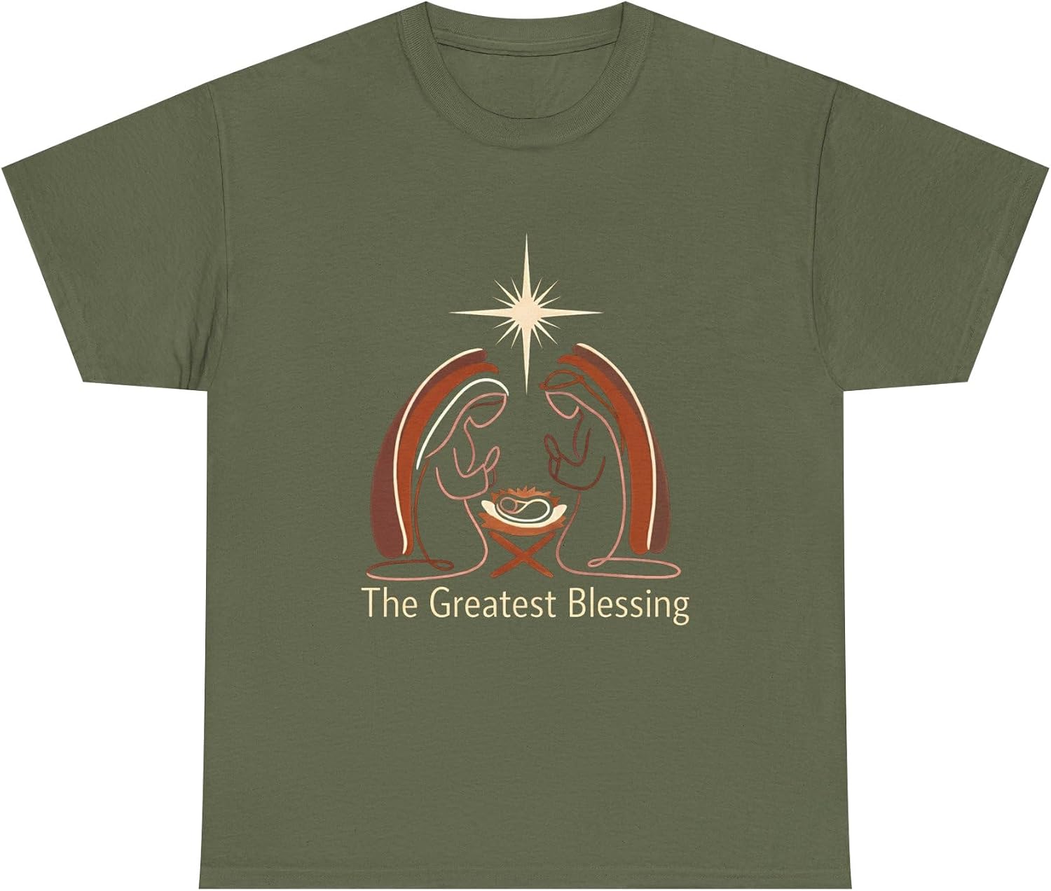 The Greatest Blessing Christian Christmas Nativity Scene Jesus Manger Religious Holiday Boho Minimalist Line Art Graphic Military Green