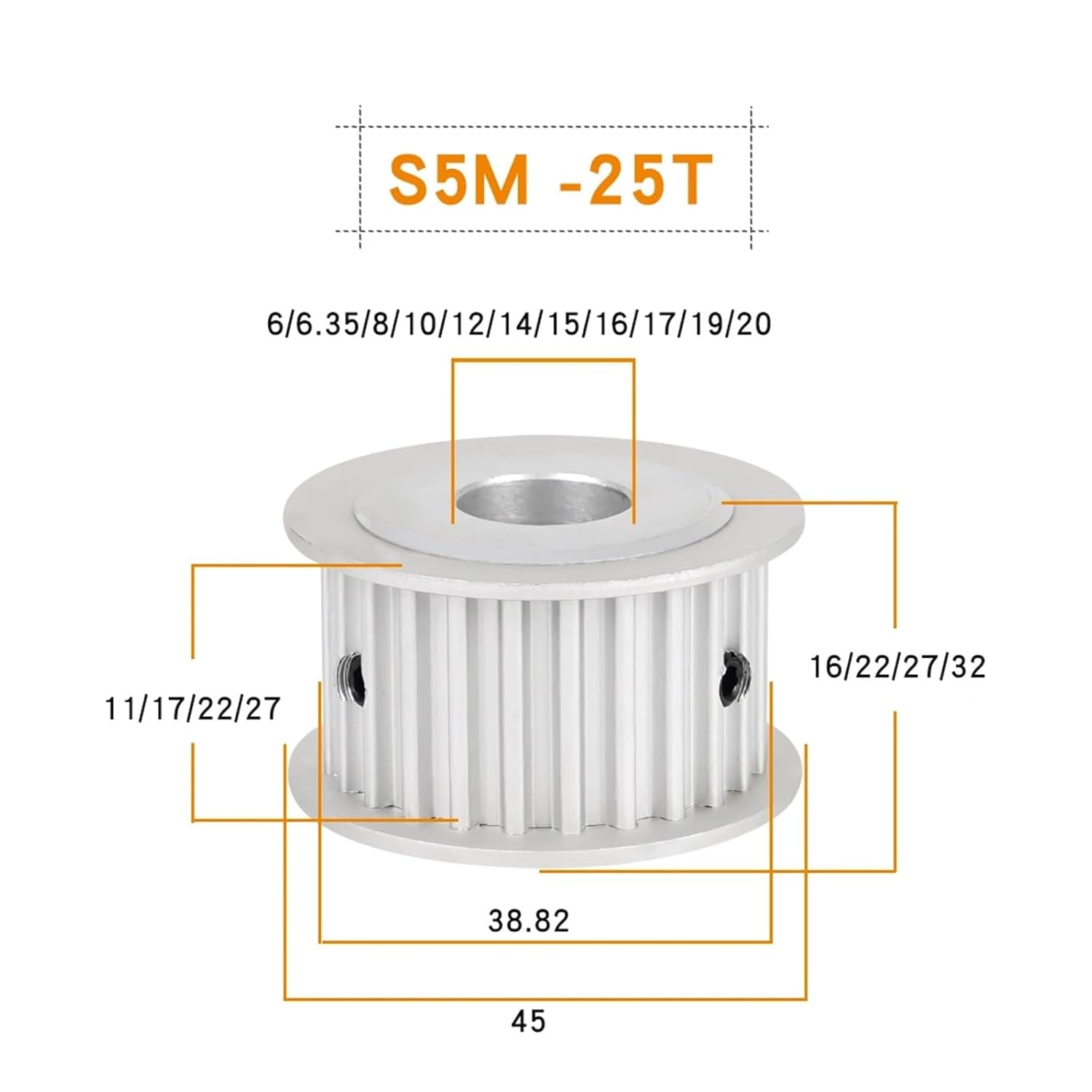 Toothed Pulley S5M 25T Flat Top Circular Tooth 11/17/22/27mm Width 5mm Pitch Alloy Bore 6/6.35/8/10/12/14/15/16/17/19mm(Keyway-15x5x2.3 mm,17 mm)