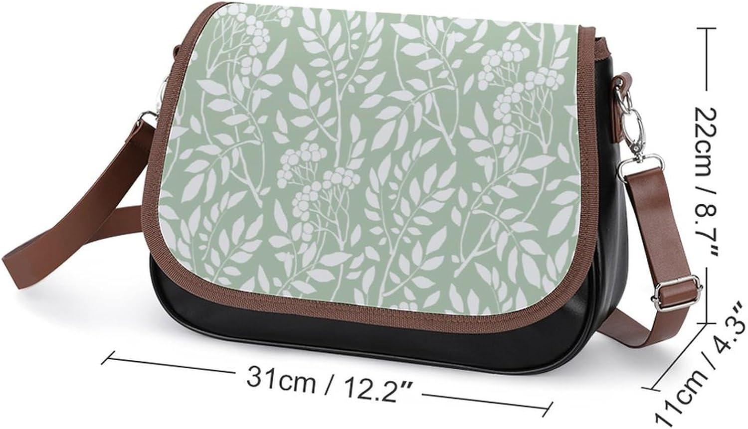 Chic Botanical Sage Green FoliageWomen's Faux Leather Crossbody Bag, Waterproof Wrinkle-Resistant Shoulder Bag with Detachable Strap, Large Capacity Casual Handbag, Fashion Daily Purse for Shopping Wo