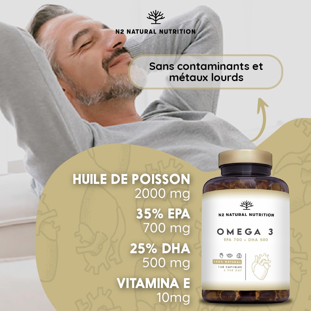 Omega 3 Fish Oil 2000 mg, 700 mg EPA et 500 mg DHA. Huile de Poisson et Vitamine E. Aide à Améliorer et Protection la Vision, Cerveau et Coeur. Régule le cholestérol.120 Gélules N2 Natural Nutrition
