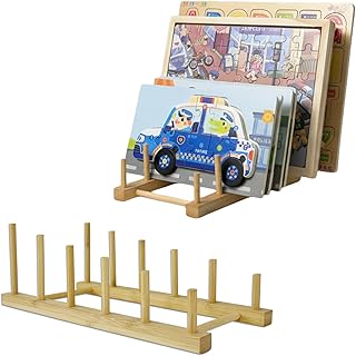 2 Pack Wooden Puzzle Rack, Puzzle Storage Organizer, 5-Section Tabletop Book Holder Art Print Display Stand for Craft Show