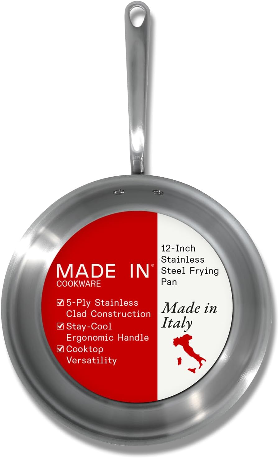 Cookware - 12-Inch Stainless Steel Frying Pan - 5 Ply Stainless Clad - Professional Cookware Italy - Induction Compatible